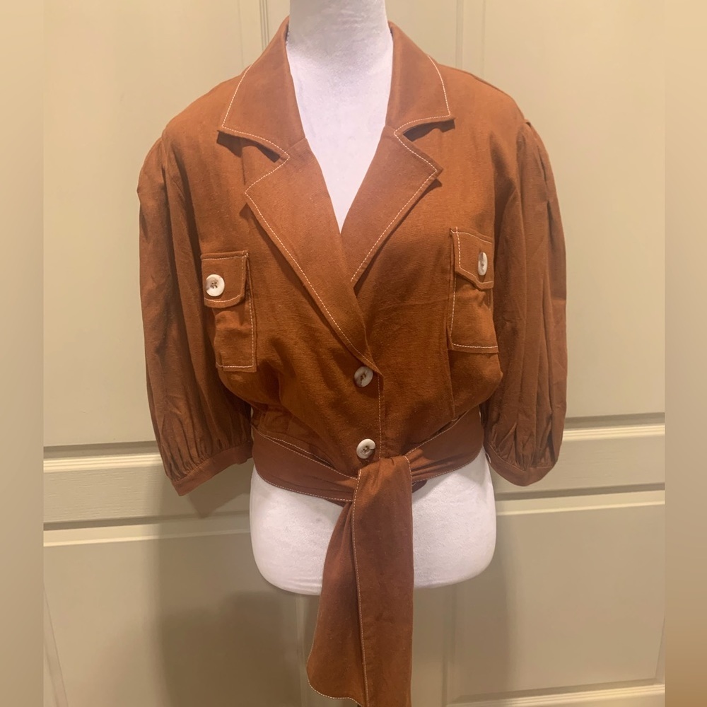 NWT Pat Bo 100% Linen Terracotta Blend Long Sleeve Wrap Tie Blouse L
